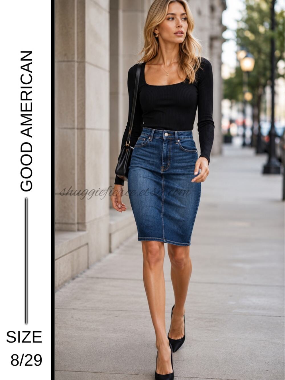 MSRP $149 Good American Dark Denim Back Slit Skirt Size 8/29 | SAME DAY SHIP